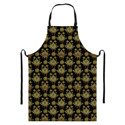 Black And Gold Lotus Flower Print Bib Apron With Pocket