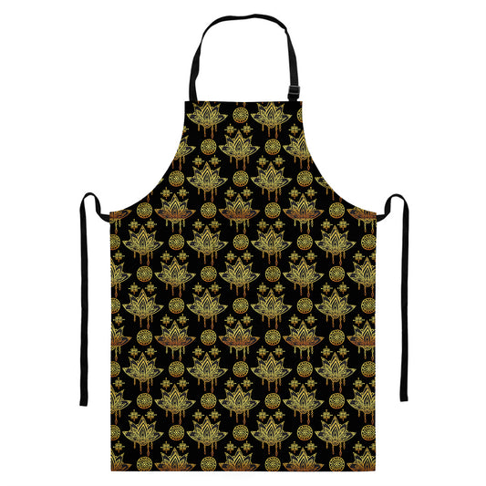 Black And Gold Lotus Flower Print Bib Apron With Pocket