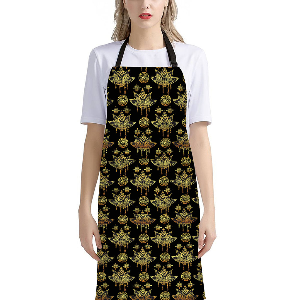Black And Gold Lotus Flower Print Bib Apron With Pocket