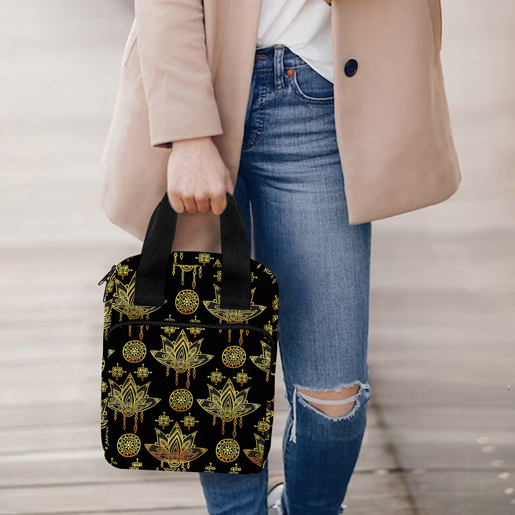Black And Gold Lotus Flower Print Bible Tote Bag