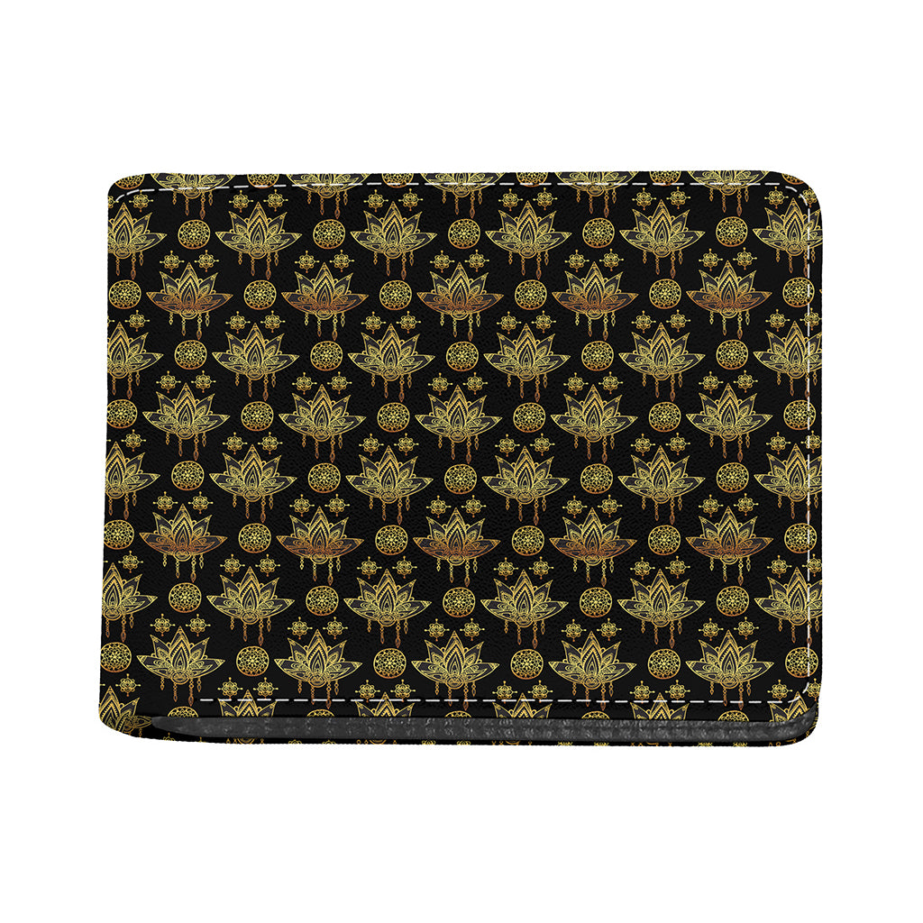 Black And Gold Lotus Flower Print Bifold Wallet