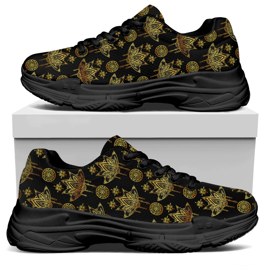 Black And Gold Lotus Flower Print Black Chunky Shoes