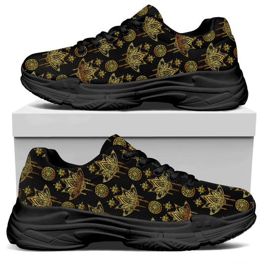 Black And Gold Lotus Flower Print Black Chunky Shoes