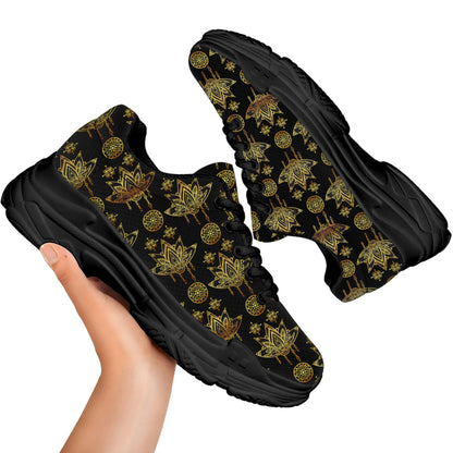 Black And Gold Lotus Flower Print Black Chunky Shoes