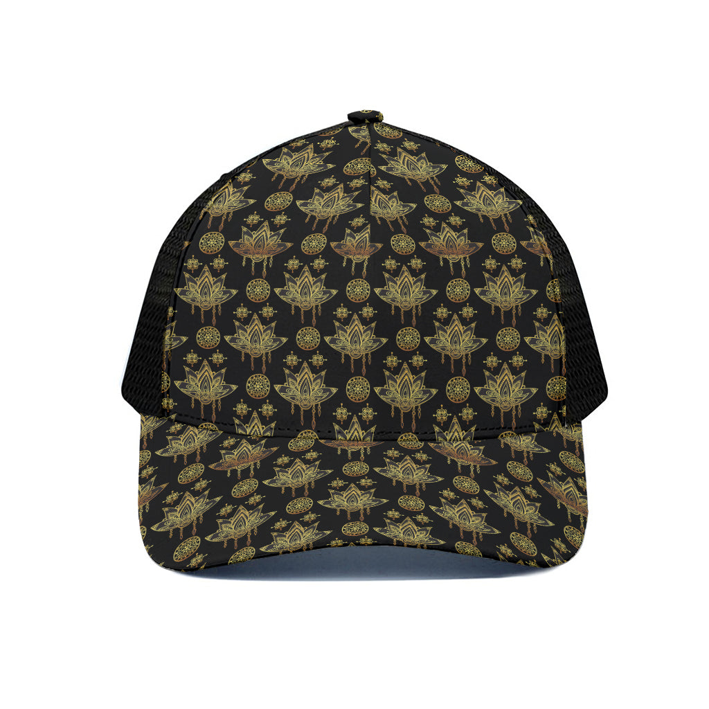 Black And Gold Lotus Flower Print Black Mesh Trucker Cap