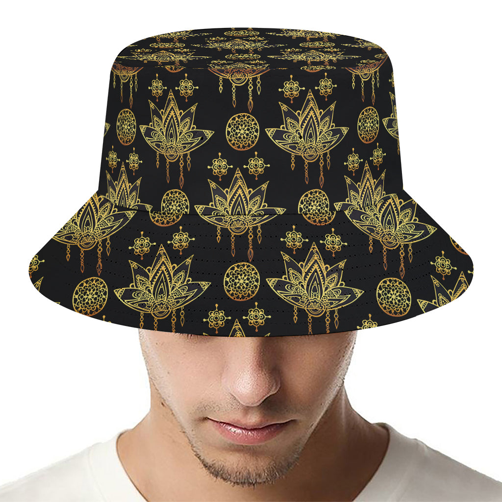 Black And Gold Lotus Flower Print Bucket Hat