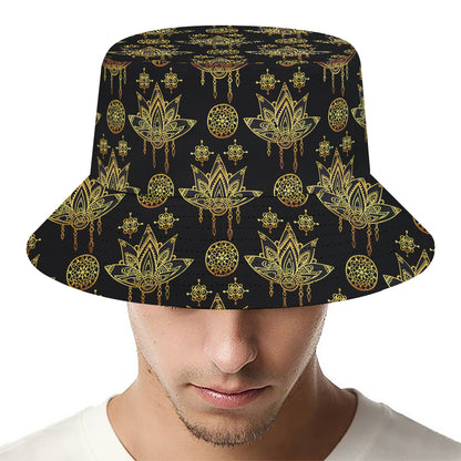 Black And Gold Lotus Flower Print Bucket Hat