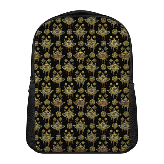 Black And Gold Lotus Flower Print Casual Backpack
