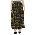 Black And Gold Lotus Flower Print Chiffon Maxi Skirt