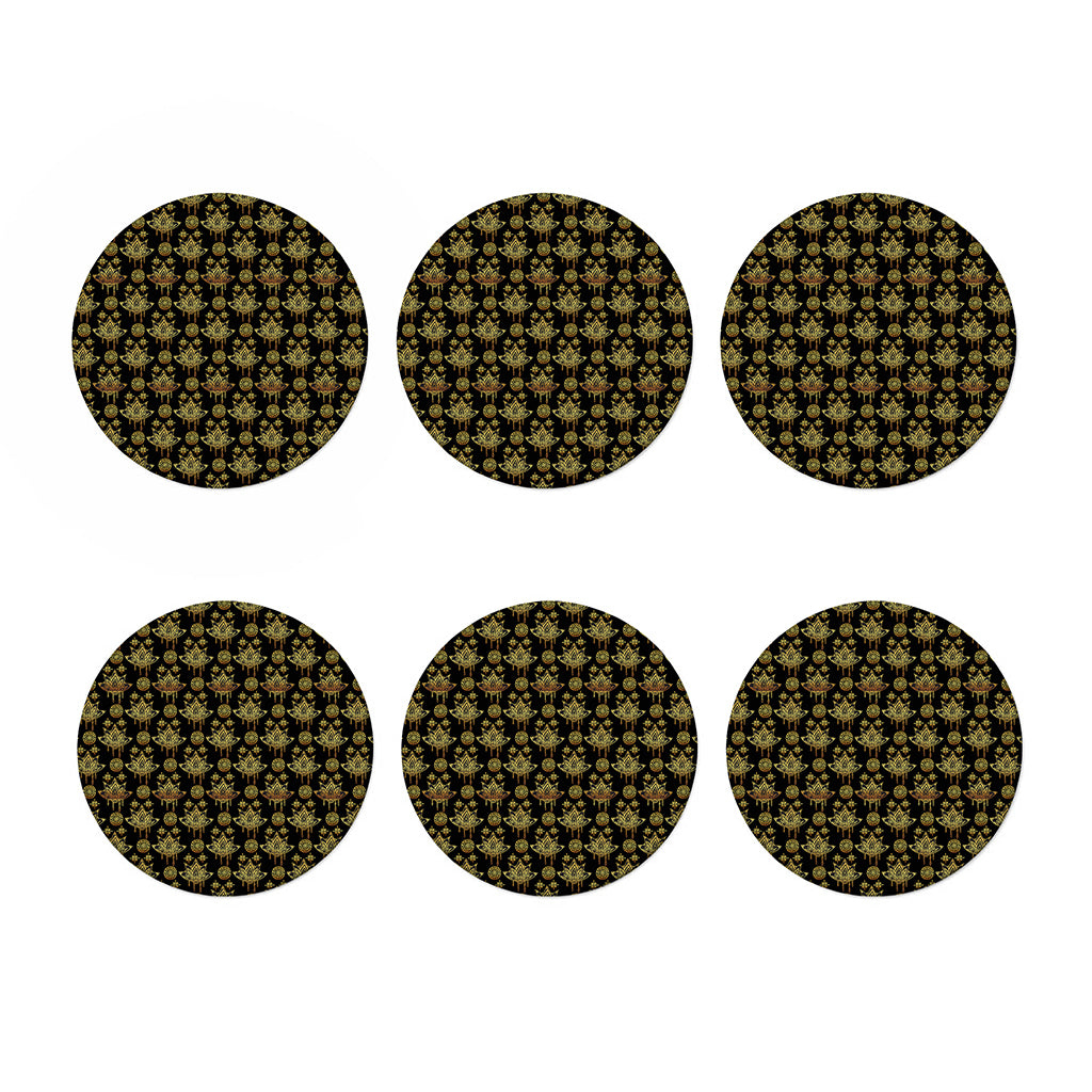 Black And Gold Lotus Flower Print Coaster Set