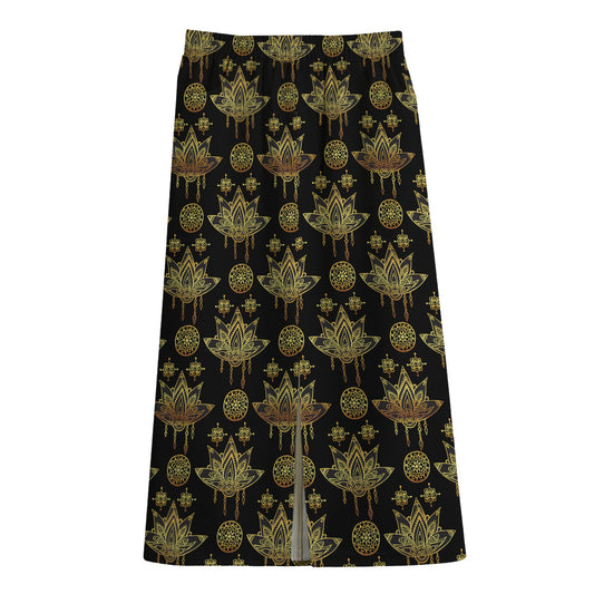 Black And Gold Lotus Flower Print Cotton Front Slit Maxi Skirt