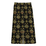 Black And Gold Lotus Flower Print Cotton Front Slit Maxi Skirt