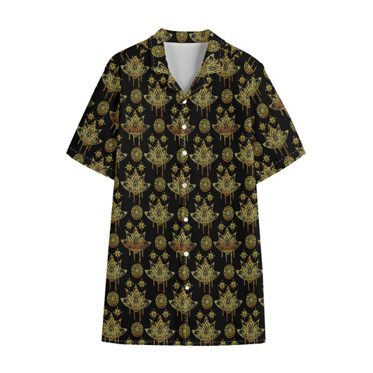 Black And Gold Lotus Flower Print Cotton Hawaiian Shirt