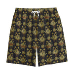 Black And Gold Lotus Flower Print Cotton Shorts