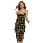 Black And Gold Lotus Flower Print Cross Back Cami Dress