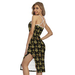 Black And Gold Lotus Flower Print Cross Back Cami Dress