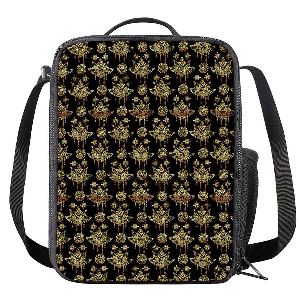 Black And Gold Lotus Flower Print Crossbody Lunch Bag