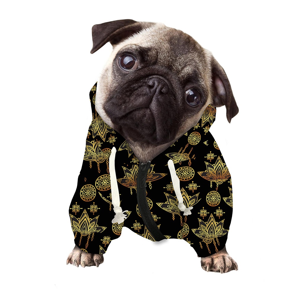 Black And Gold Lotus Flower Print Dog Zip Up Hoodie