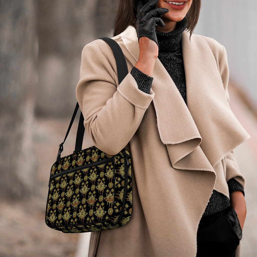 Black And Gold Lotus Flower Print Double Strap Bible Bag