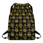Black And Gold Lotus Flower Print Drawstring Backpack