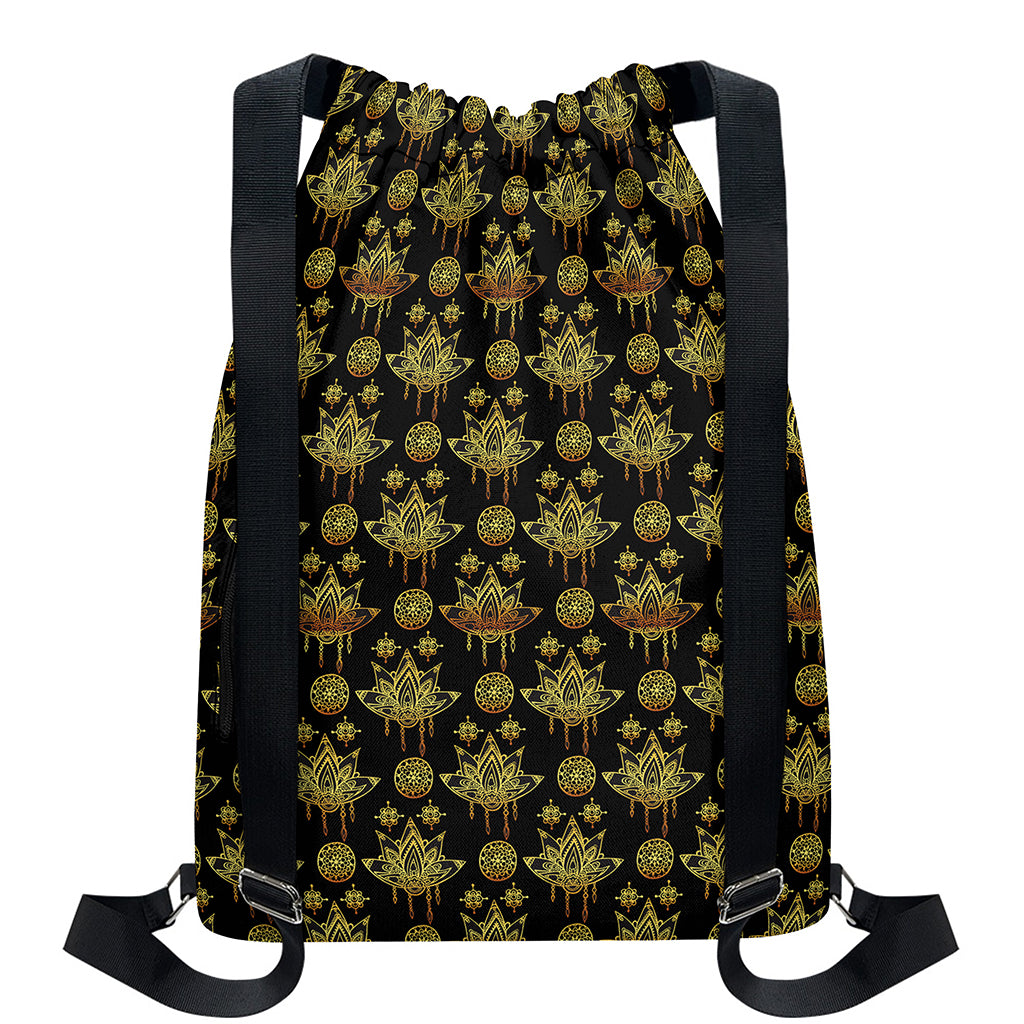 Black And Gold Lotus Flower Print Drawstring Backpack