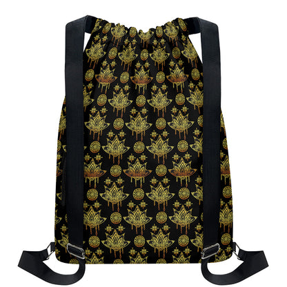 Black And Gold Lotus Flower Print Drawstring Backpack
