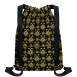 Black And Gold Lotus Flower Print Drawstring Backpack