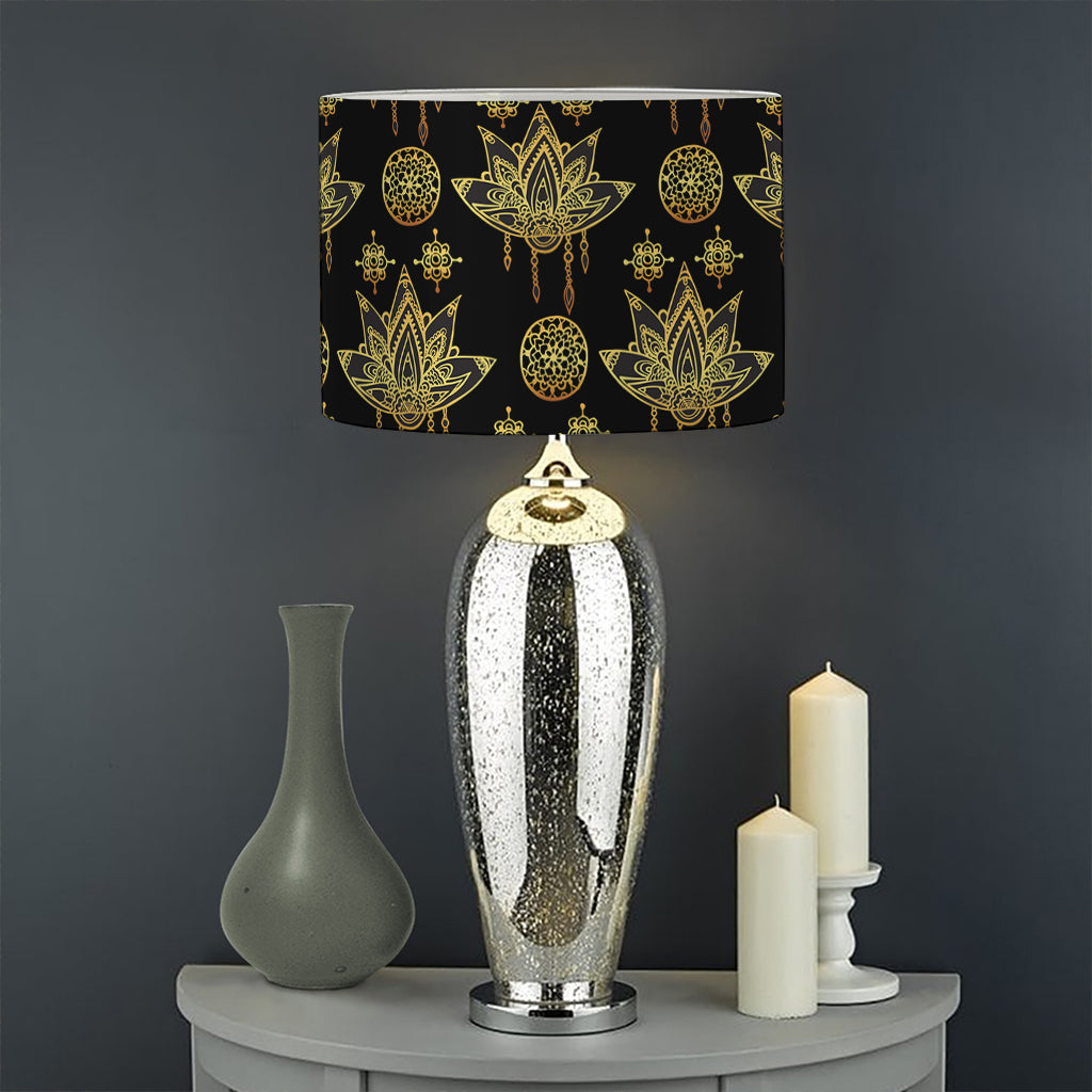 Black And Gold Lotus Flower Print Drum Lamp Shade
