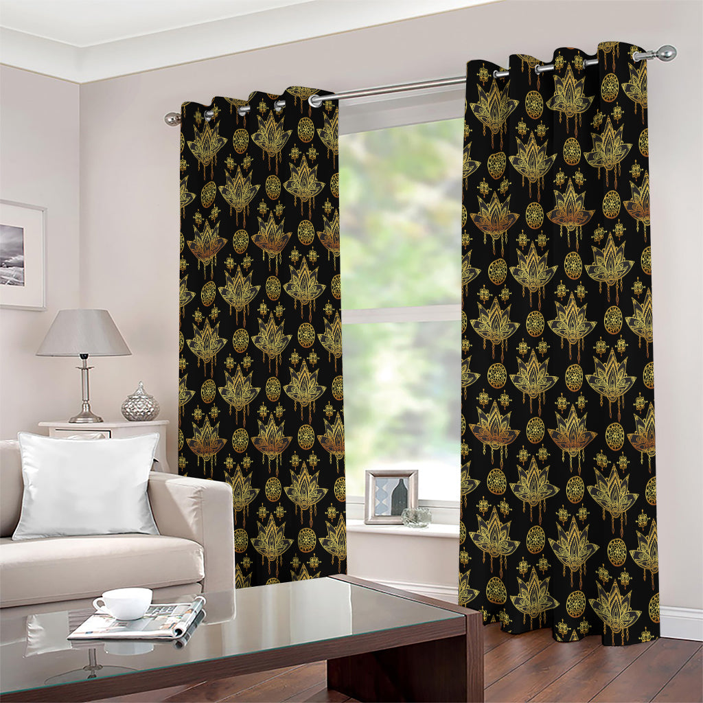 Black And Gold Lotus Flower Print Extra Wide Grommet Curtains