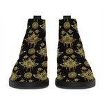 Black And Gold Lotus Flower Print Flat Ankle Boots