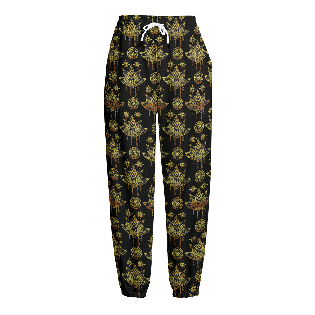 Black And Gold Lotus Flower Print Fleece Lined Knit Pants