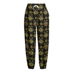 Black And Gold Lotus Flower Print Fleece Lined Knit Pants