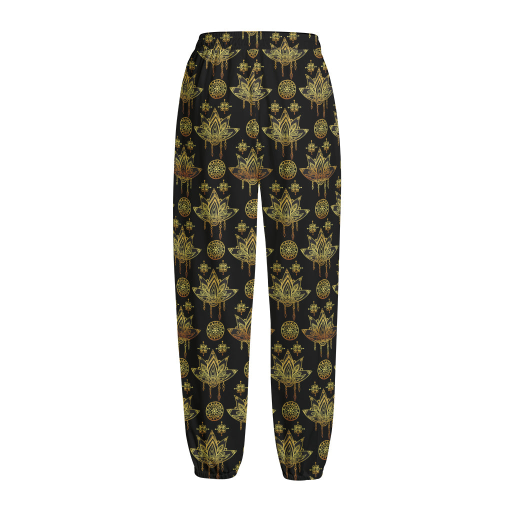 Black And Gold Lotus Flower Print Fleece Lined Knit Pants
