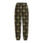 Black And Gold Lotus Flower Print Fleece Lined Knit Pants