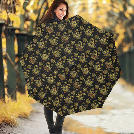 Black And Gold Lotus Flower Print Foldable Umbrella