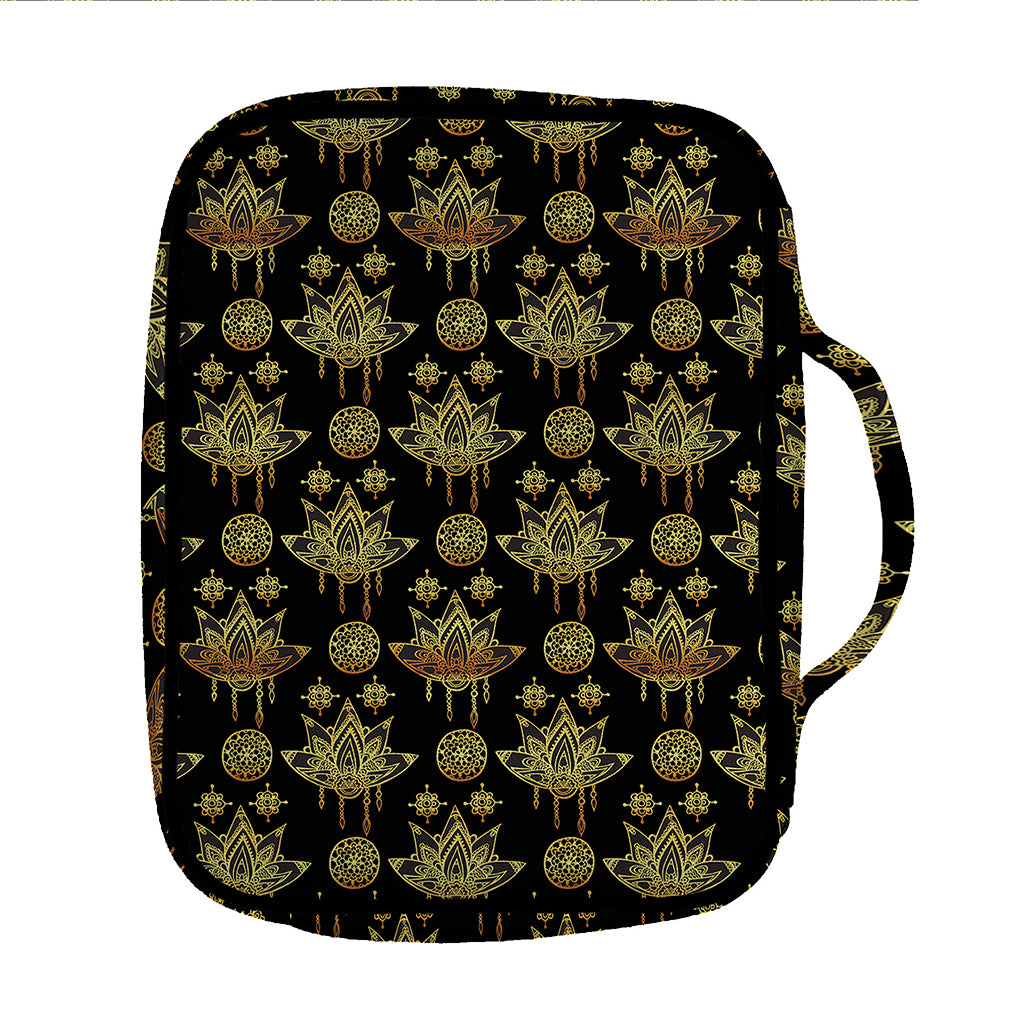 Black And Gold Lotus Flower Print Front Pocket Bible Bag