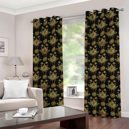 Black And Gold Lotus Flower Print Grommet Curtains