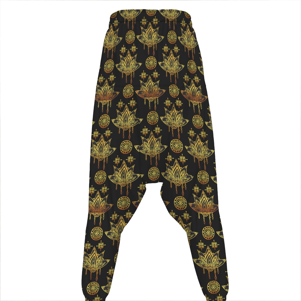 Black And Gold Lotus Flower Print Hammer Pants