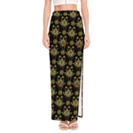 Black And Gold Lotus Flower Print High Slit Maxi Skirt