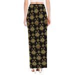Black And Gold Lotus Flower Print High Slit Maxi Skirt