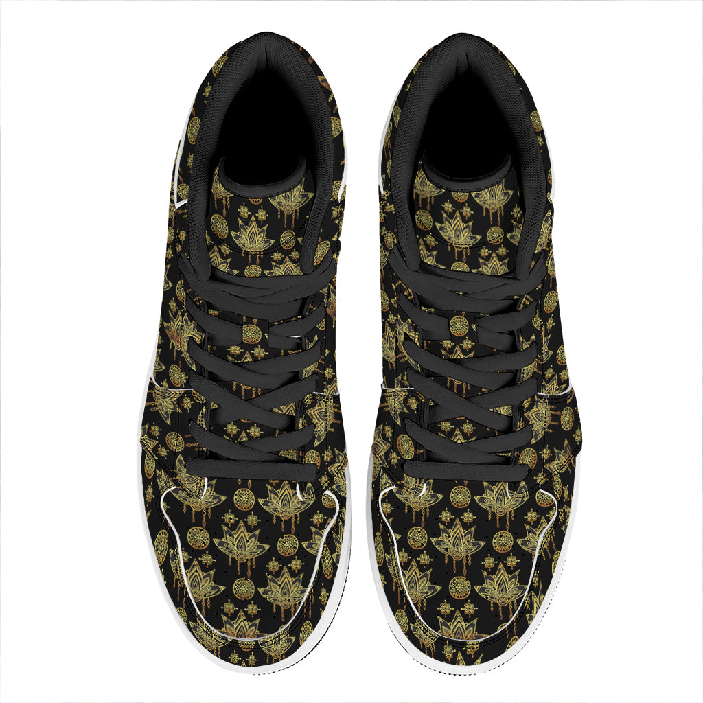 Black And Gold Lotus Flower Print High Top Leather Sneakers