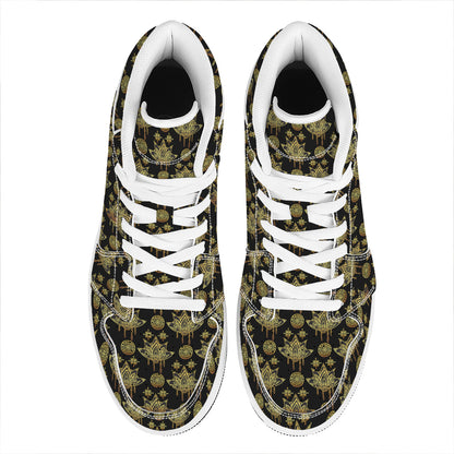Black And Gold Lotus Flower Print High Top Leather Sneakers