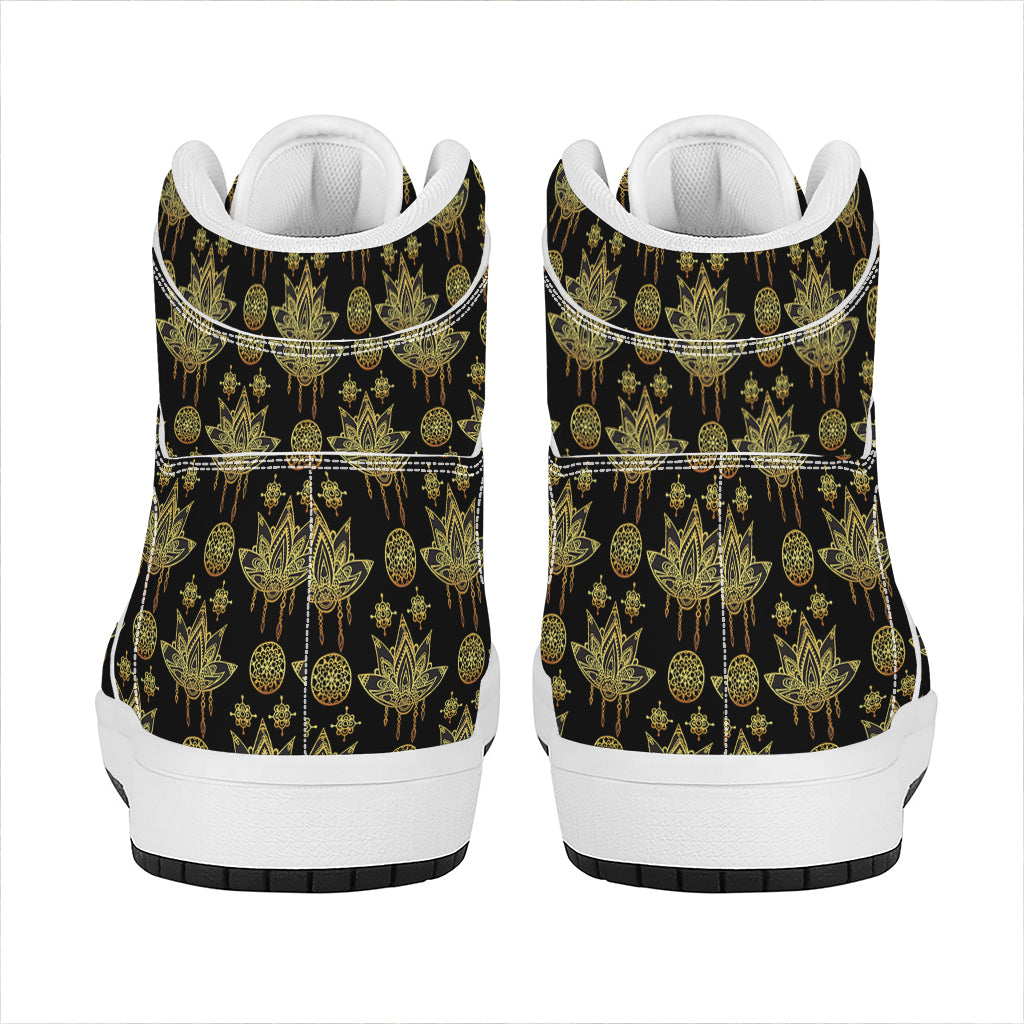 Black And Gold Lotus Flower Print High Top Leather Sneakers