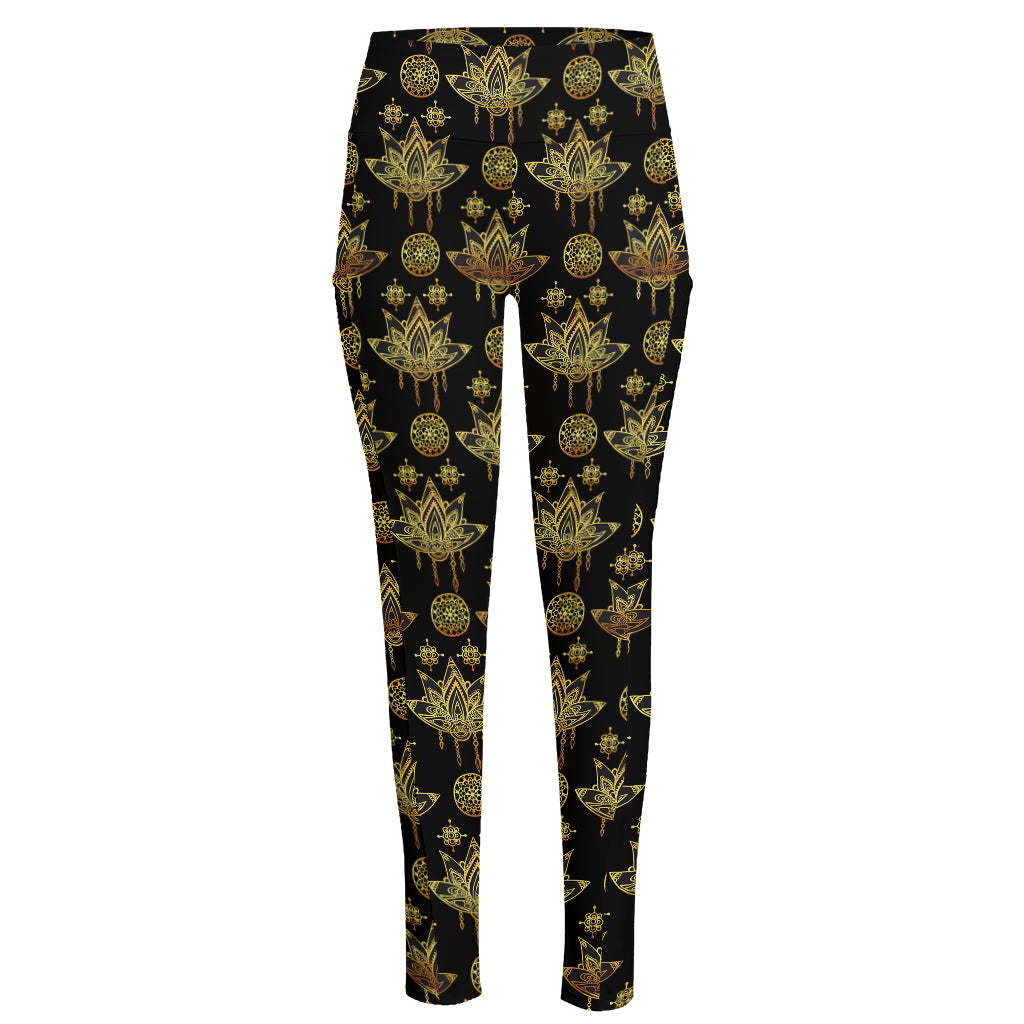 Black And Gold Lotus Flower Print High-Waisted Pocket Leggings