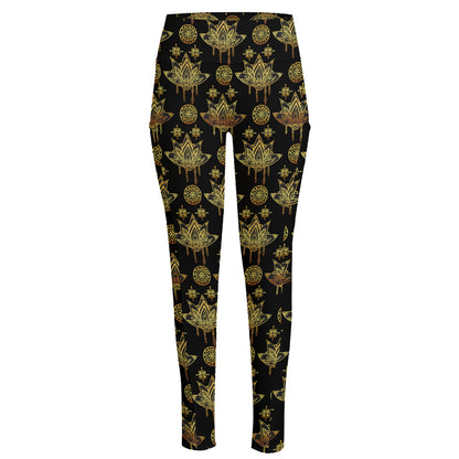 Black And Gold Lotus Flower Print High-Waisted Pocket Leggings