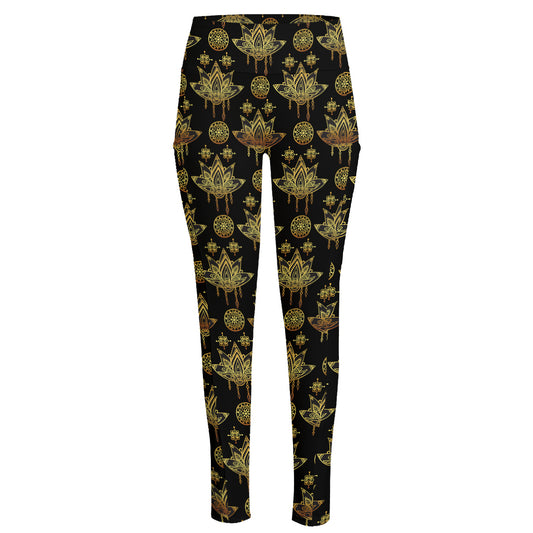 Black And Gold Lotus Flower Print High-Waisted Pocket Leggings