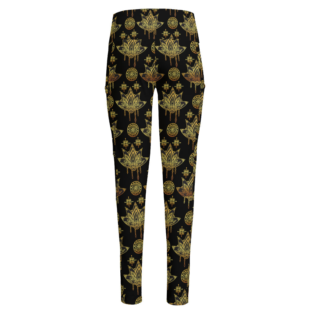 Black And Gold Lotus Flower Print High-Waisted Pocket Leggings