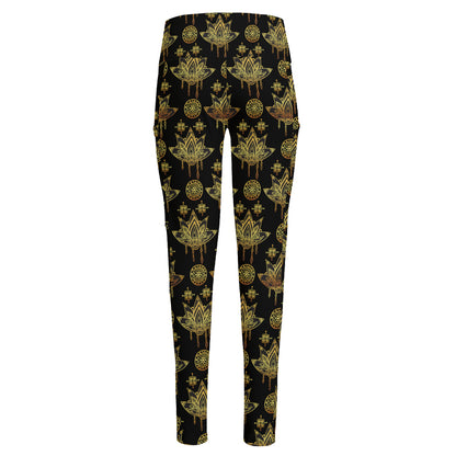 Black And Gold Lotus Flower Print High-Waisted Pocket Leggings