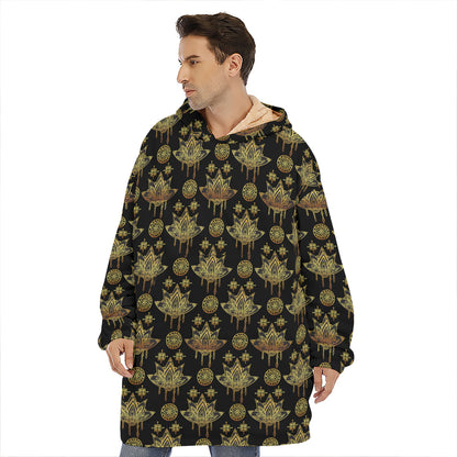 Black And Gold Lotus Flower Print Hoodie Blanket