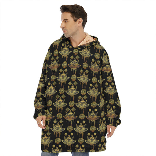 Black And Gold Lotus Flower Print Hoodie Blanket